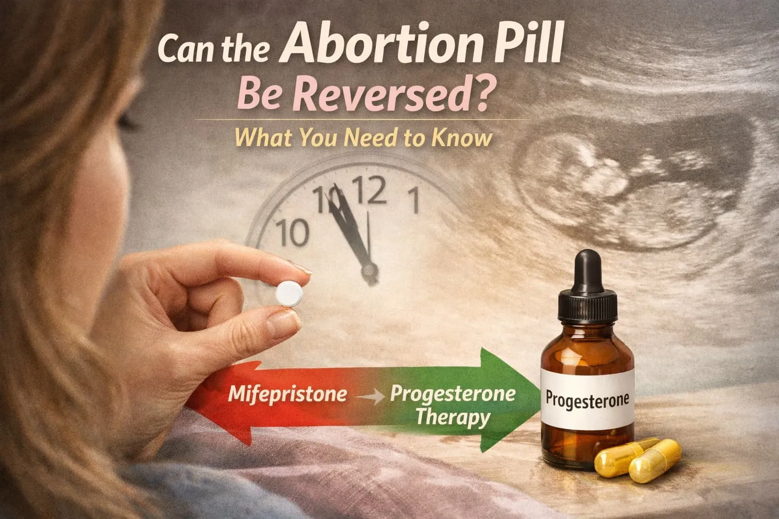 Illustration titled “Can the Abortion Pill Be Reversed?” showing a woman holding a pill beside a progesterone bottle